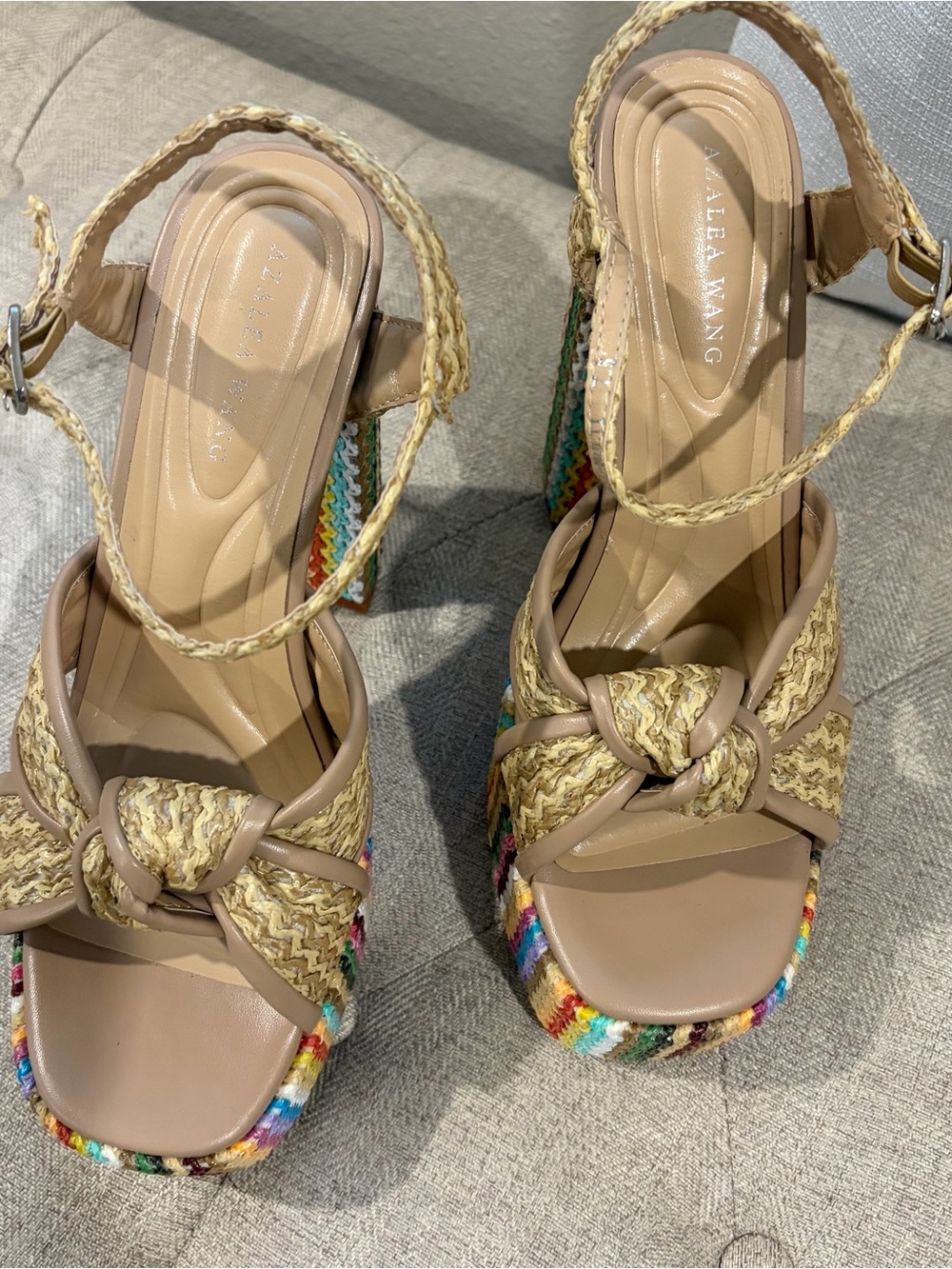 Aselea Wang Beige Braided Platform Sandals with Multicolor Trim